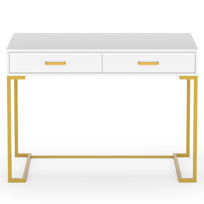 Tribesigns Modern 40" Makeup Dresser or Home Office Computer Laptop Writing Desk with Two Storage Drawers, White Top and Gold Metal Frame