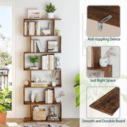 Geometric Bookcase, Bookshelf 6-Tier S Shaped Book Shelves For Bedroom, Modern Wood Decorative Display Shelf Tall Book Case For Home Office, Rustic Brown