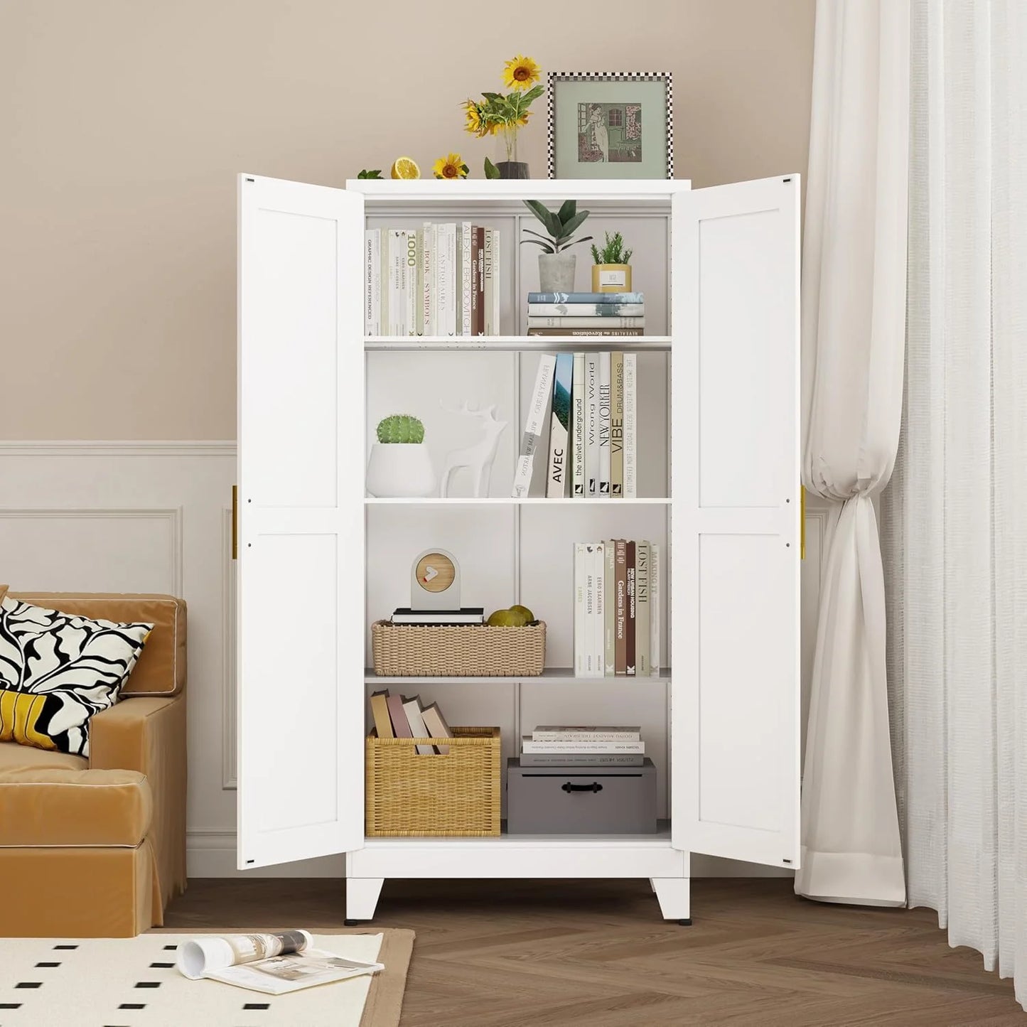 Metal Storage Cabinet - 61" Tall Steel File Cabinets with 2 Doors and 3 Adjustable Shelves Versatile Storage Pantry Cabinet for Home Office Warehouse Garage or Outdoor (White)