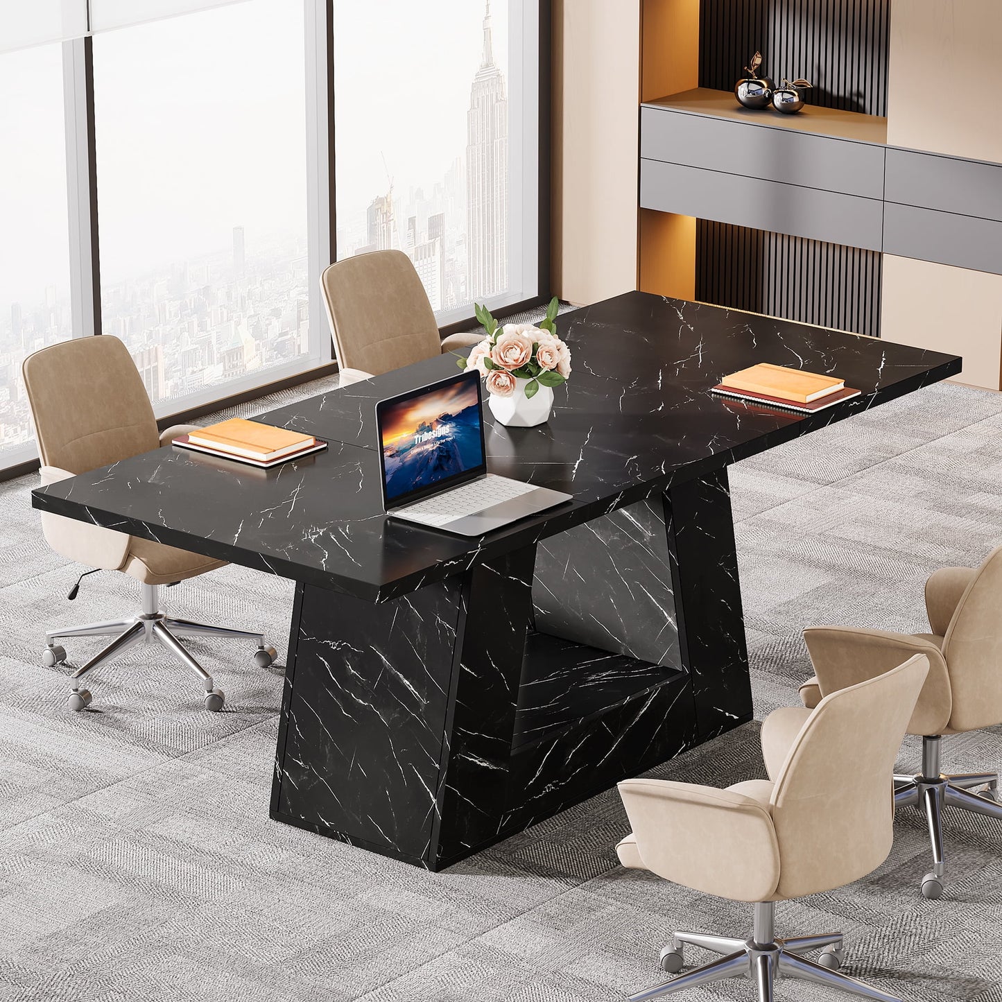 Tribesigns Modern Computer Desk, 63 inch Wooden Faux Marble Study Writing Table with Sturdy Base for Home Office, Black