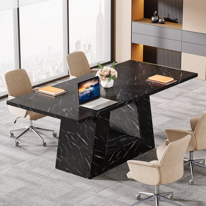 Tribesigns Modern Computer Desk, 63 inch Wooden Faux Marble Study Writing Table with Sturdy Base for Home Office, Black