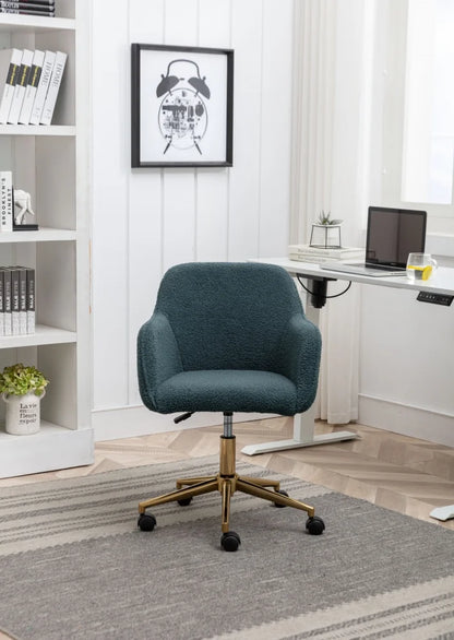 Modern Swivel Desk Chair, Teddy Fabric Home Office Task Chair Adjustable Swivel Mid-Back Cute Upholstered Accent Vanity Armchair with Gold Metal Legs and Universal Wheel for Home Office, Green