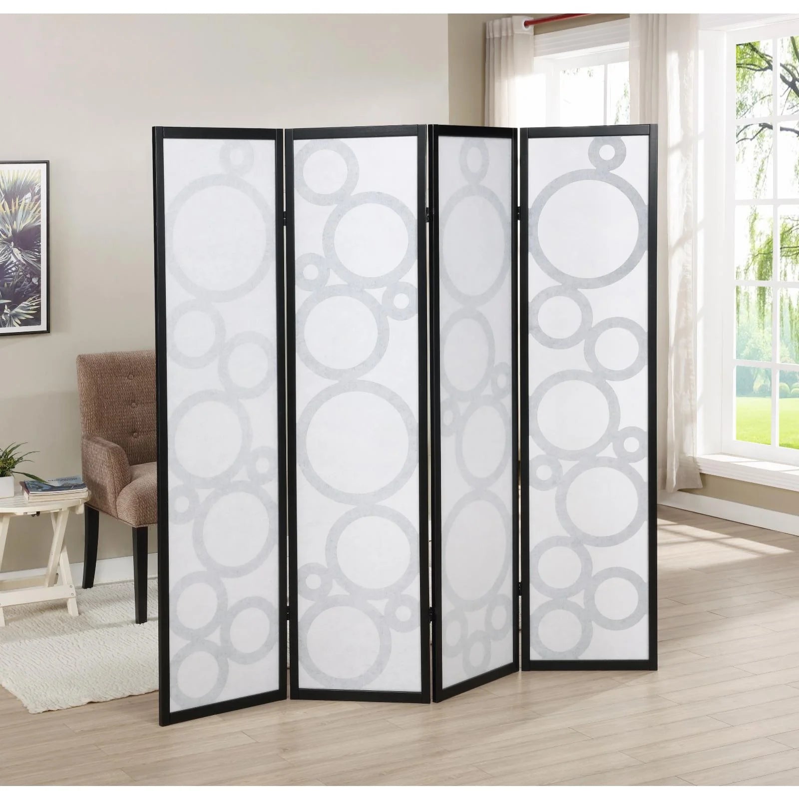 Roundhill Furniture Arvada 4-Panel Wood Room Divider w/Circle Pattern in Black