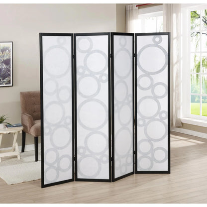 Roundhill Furniture Arvada 4-Panel Wood Room Divider w/Circle Pattern in Black