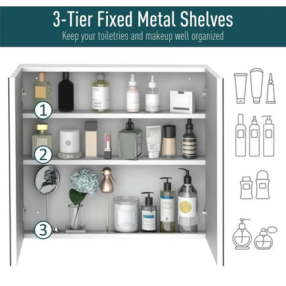 Spaco Bathroom Mirrored Cabinet with Double Doors, 24"x22" Steel Frame Medicine Cabinet, Wall-Mounted Storage Organizer, White