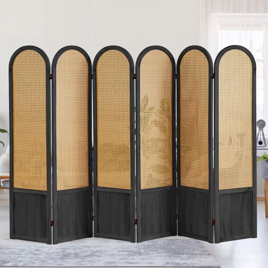 Aletheiawu 6 Panel Rattan Room Divider and Folding Privacy Screens, No Installation Required, Black