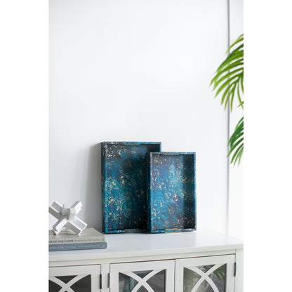 A& B Home Decorative Tray with Handles - Modern Minimalist Style Faux Leather Set of 2 Perfume Tray for Ottoman Couch Centerpiece Table Decor, Blue