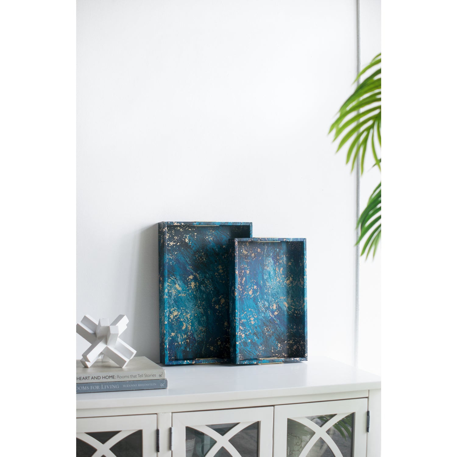 A& B Home Decorative Tray with Handles - Modern Minimalist Style Faux Leather Set of 2 Perfume Tray for Ottoman Couch Centerpiece Table Decor, Blue