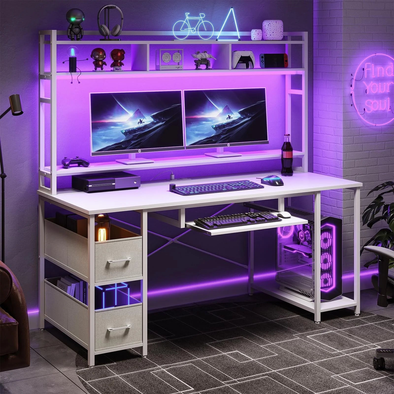 55" Computer Desk with Drawer& Power Outlet, Industrial Home Office Table Gaming Desk PC Study Workstation with Hutch& LED Lights& Adjustable Shelves,White