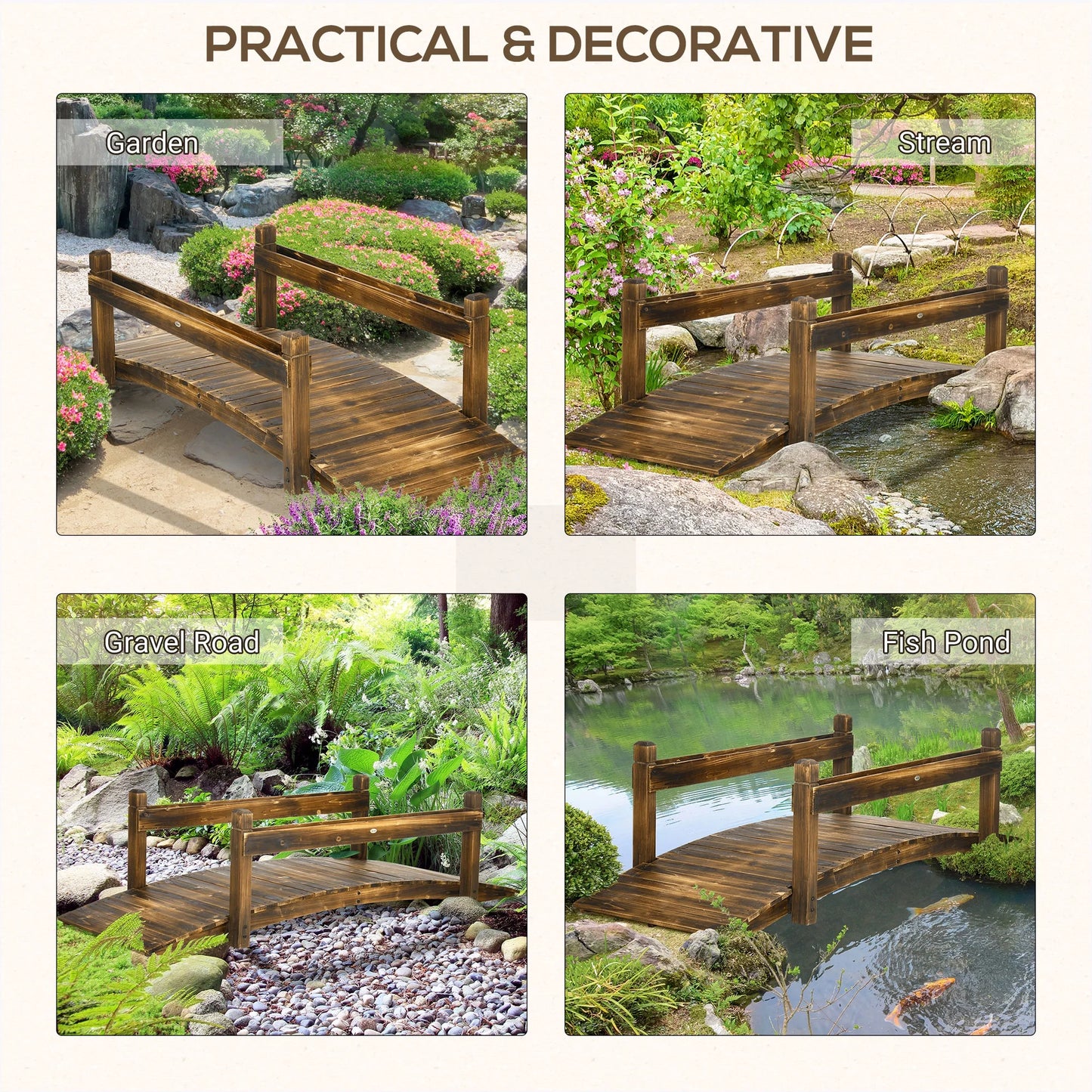 Homiyad 7.5' Wooden Garden Bridge with Planters on Safety Railings, Stained Finish Arc Footbridge for Backyards, Gardens and Streams