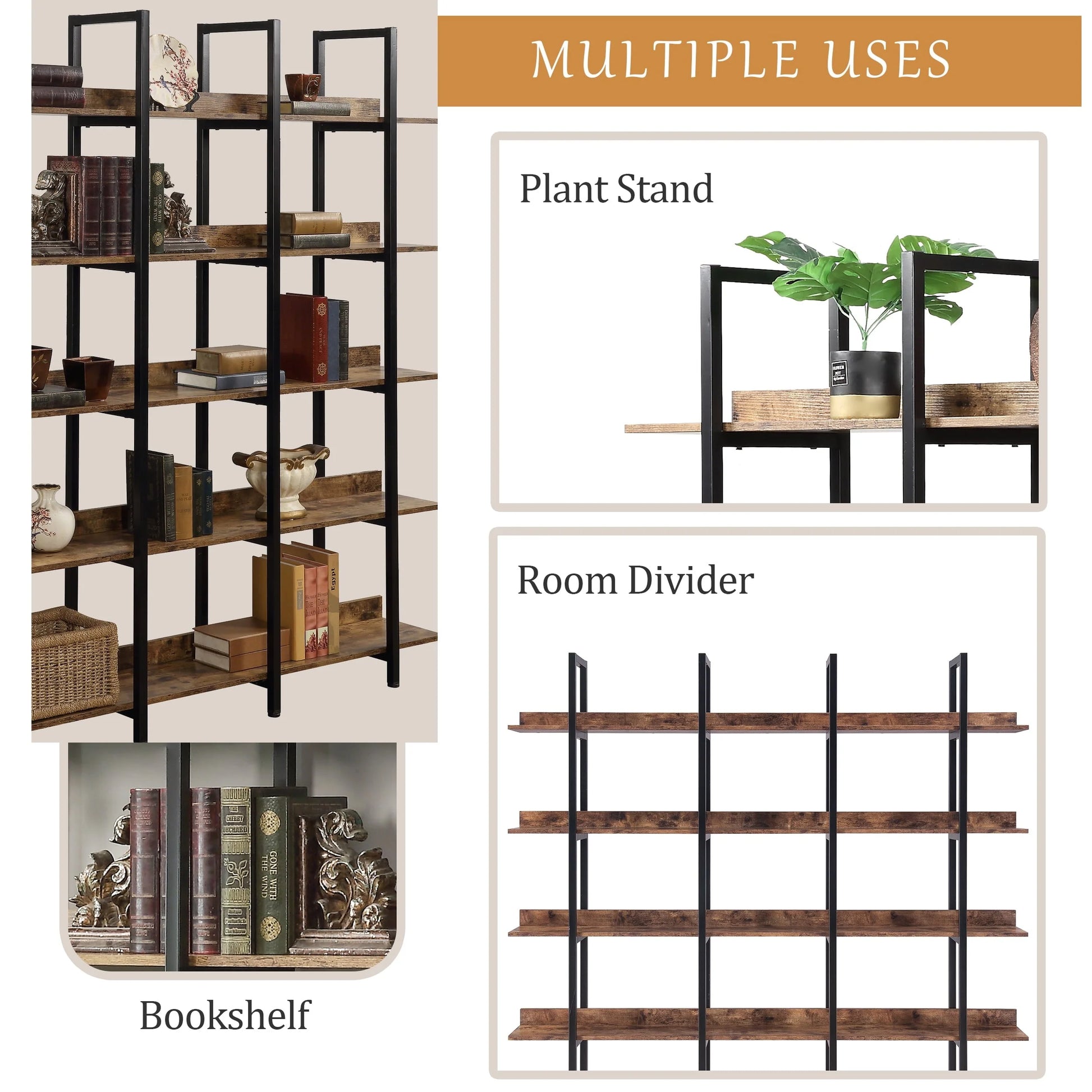 Bellemave 5 Tier Large Open Bookshelf, Home Office Display Shelves with Metal Frame, Vintage Industrial Bookcases with Back Fence, High-quality MDF Board (Brown)