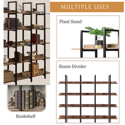 Bellemave 5 Tier Large Open Bookshelf, Home Office Display Shelves with Metal Frame, Vintage Industrial Bookcases with Back Fence, High-quality MDF Board (Brown)