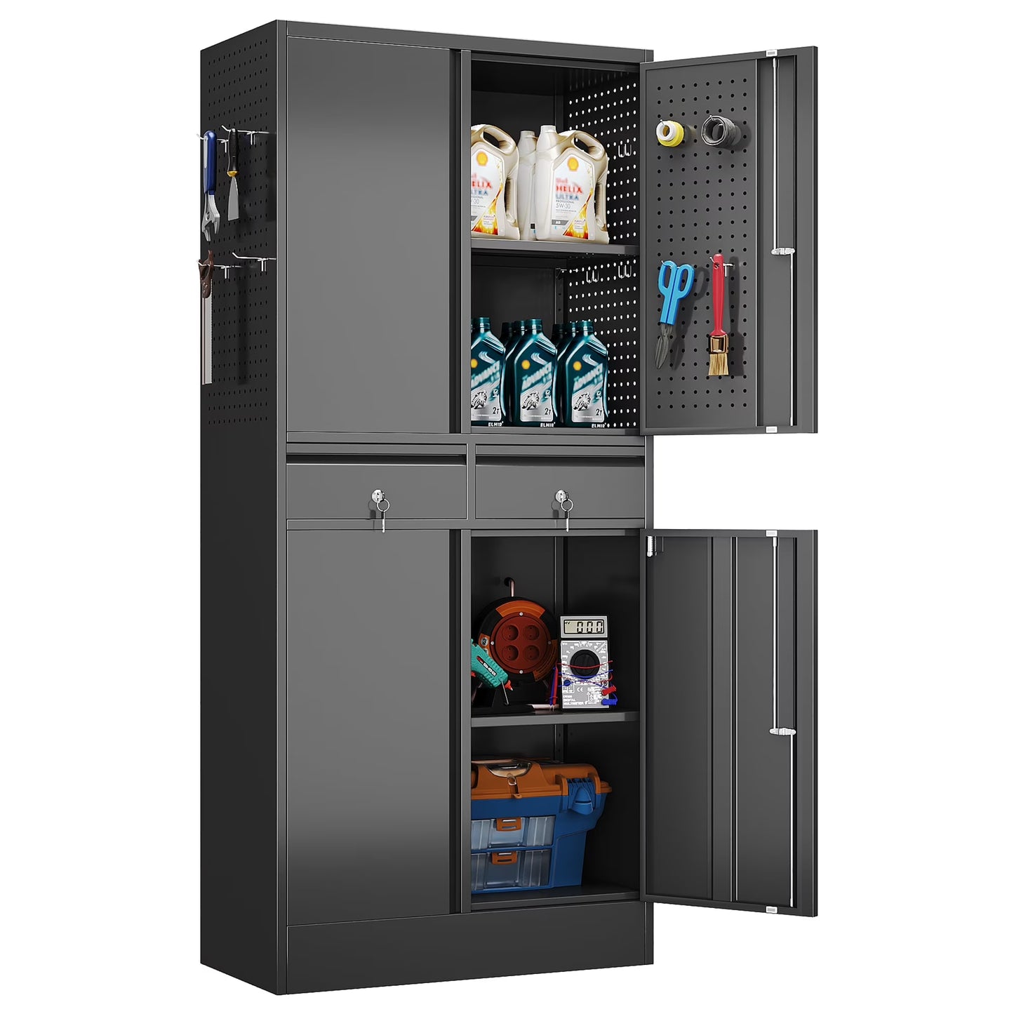 Aobabo 71.41''H Metal Garage Storage Cabinet with Lockable Doors and Hanging Rod,Broom Closet Storage Cabinet with Pegboard and Adjustable Shelves for Home Office School,Required Assembly,Black