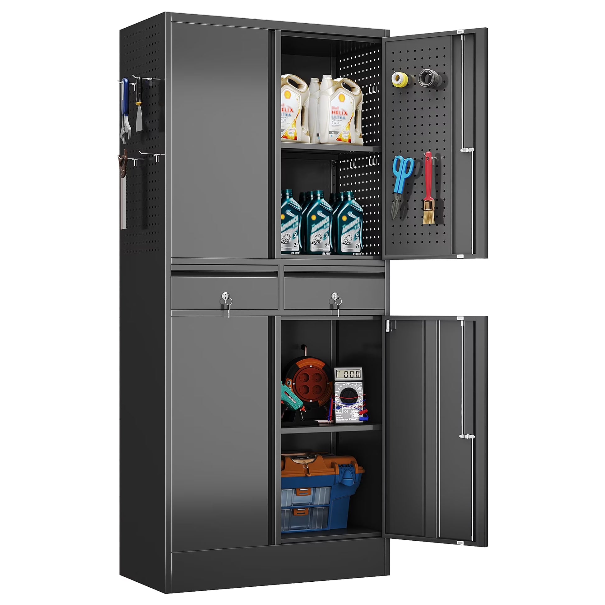 Aobabo 71.41''H Metal Garage Storage Cabinet with Lockable Doors and Hanging Rod,Broom Closet Storage Cabinet with Pegboard and Adjustable Shelves for Home Office School,Required Assembly,Black