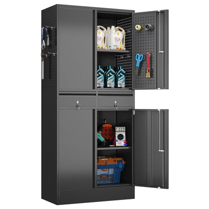 Aobabo 71.41''H Metal Garage Storage Cabinet with Lockable Doors and Hanging Rod,Broom Closet Storage Cabinet with Pegboard and Adjustable Shelves for Home Office School,Required Assembly,Black