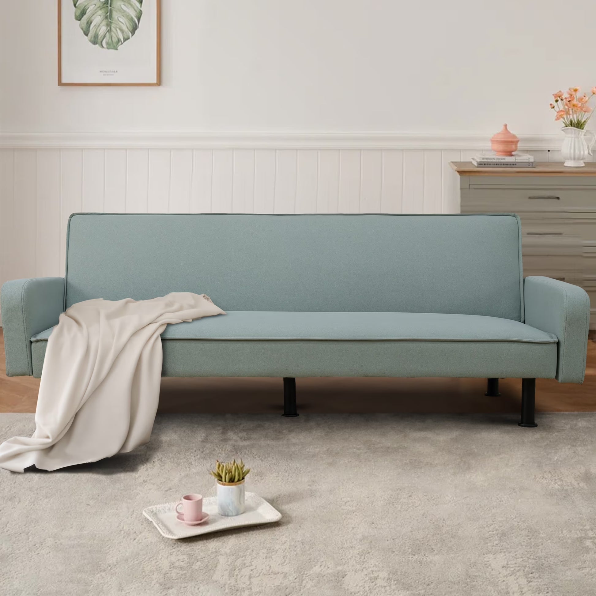 Aukfa 78" Square Arm Futon Sofa Bed Upholstered 3 Seat Couch for Home Office, Flannel, Light Gray