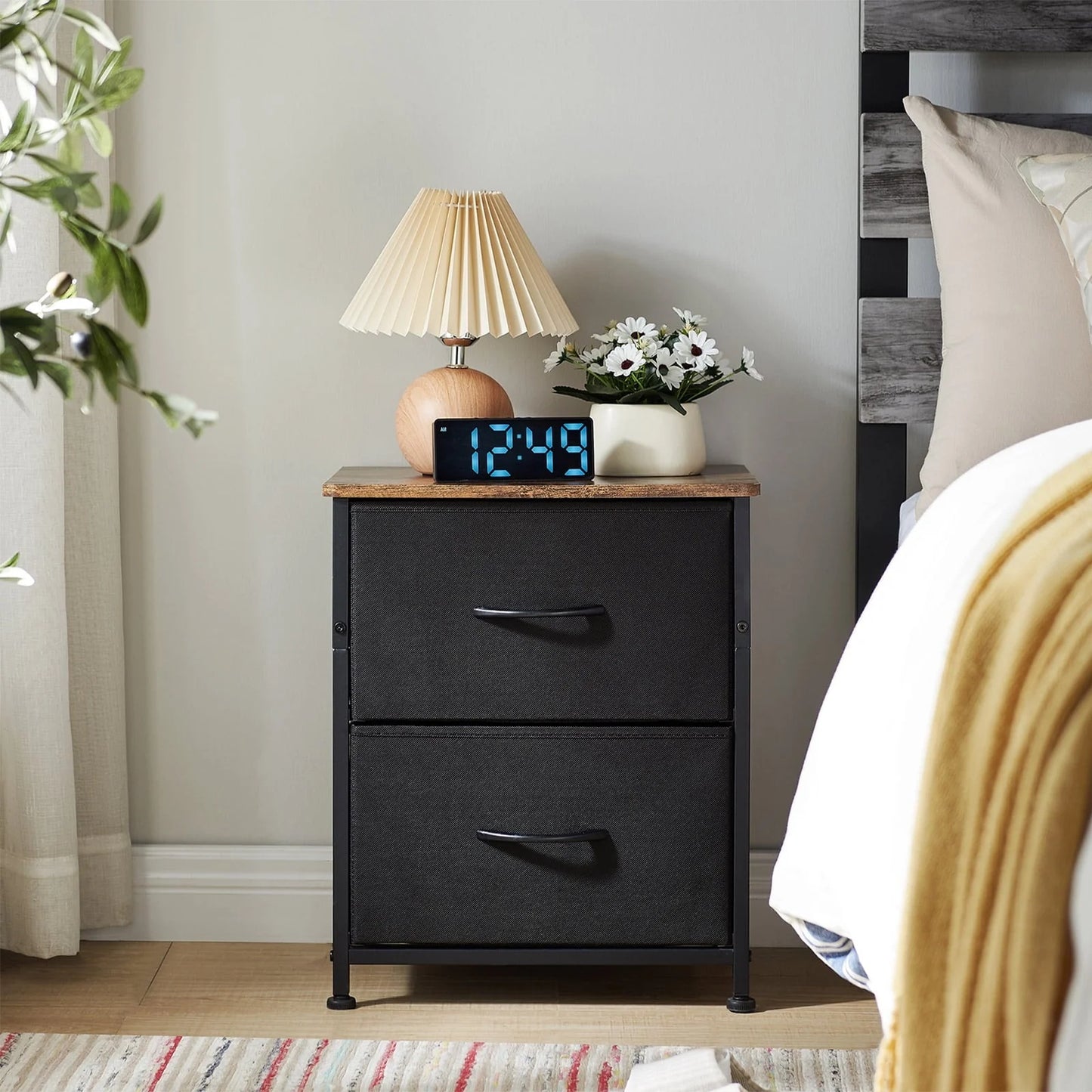 Somdot Small Dresser with 2 Drawers Set of 2, Nightstands Bedside Table with Removable Fabric Bins for Bedroom Office Laundry Closet Entryway Hallway Nursery Room,Black/Rustic Brown