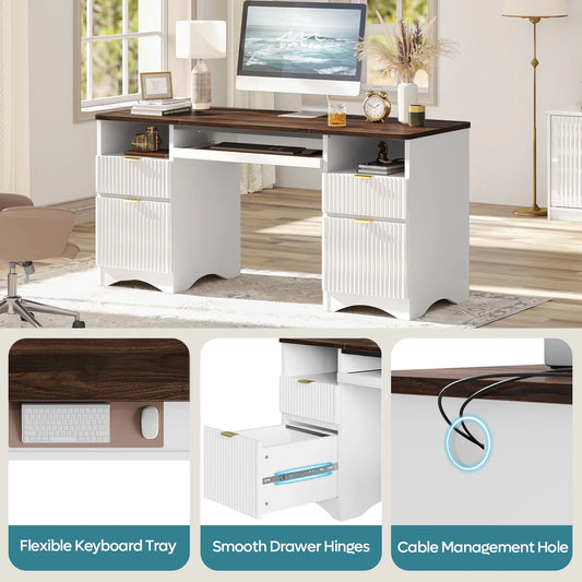 Bestier 59" Computer Home Office PC Desk with Keyboard Tray and Storage Drawers, Walnut and White