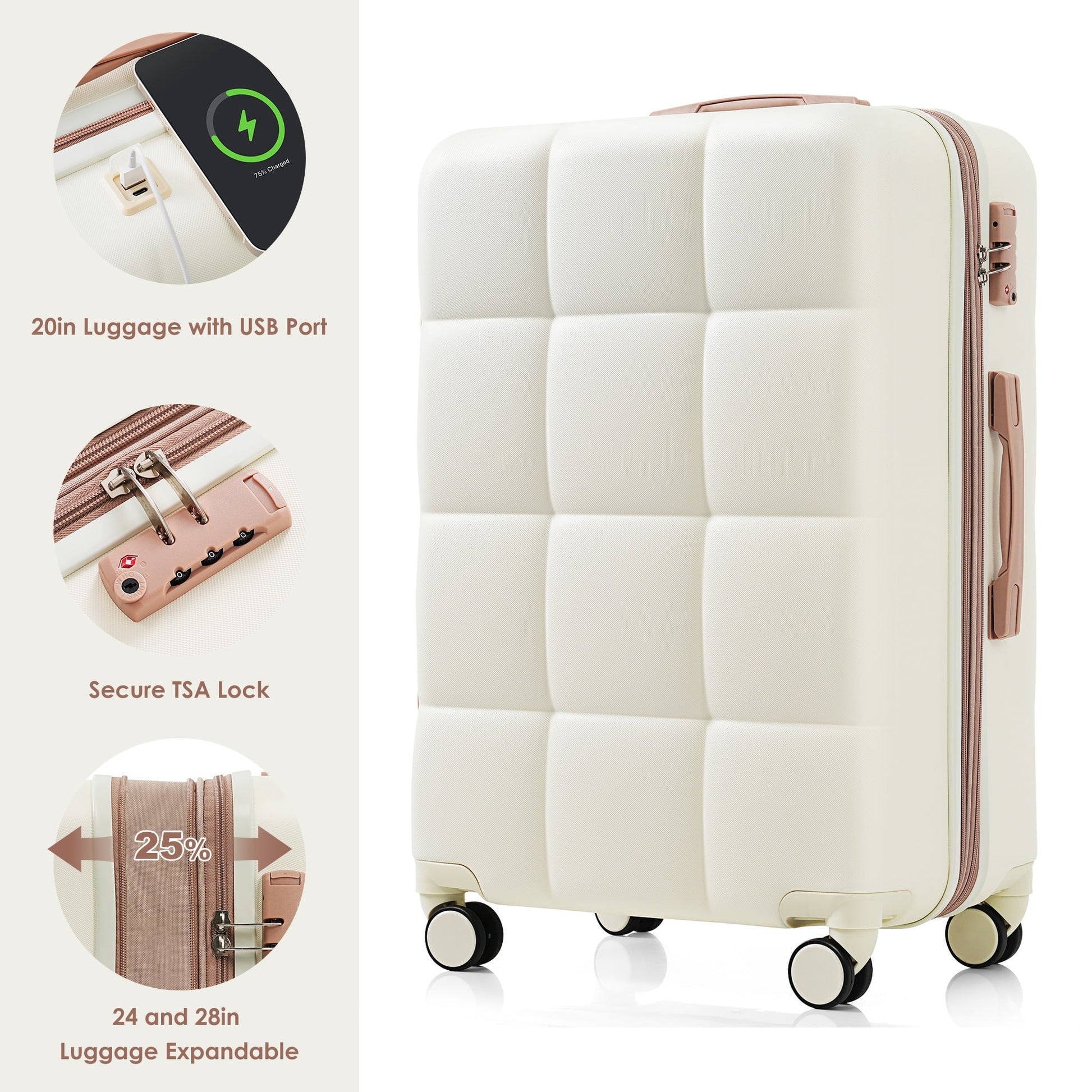 POWANLI 3PCS Luggage Set,20'' Luggage with USB Port, Airline Certified Carry-on Luggage set with Cup Holder, ABS Hard Shell Luggage with Spinner Wheels Beige+Gold