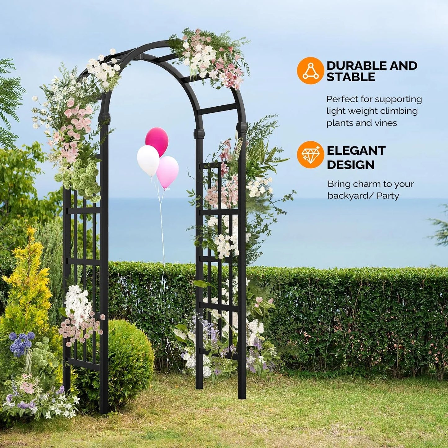 GFNXYI Vinyl Garden Arbor, PVC Wedding Arch for Ceremony Party, Garden Trellis for Climbing Plants Outdoor, Arch Backdrop Stand for Garden, Backyard, Lawn (Black)