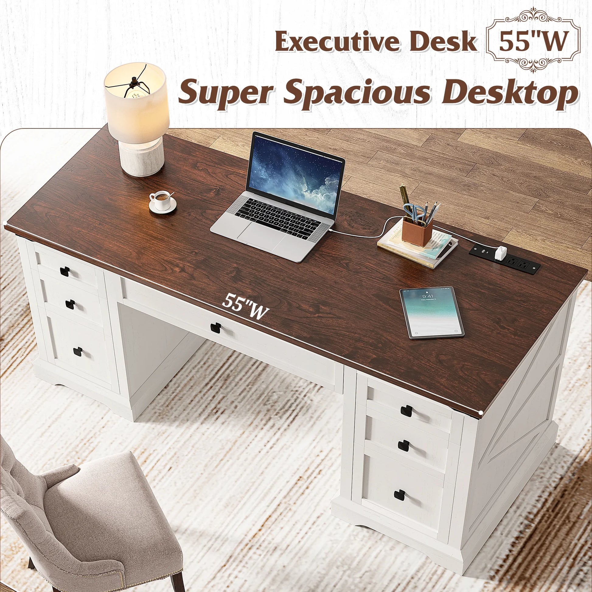 EnHomee Farmhouse Desk with Drawers, Wood Home Office Desk with Charging Station, Antique White