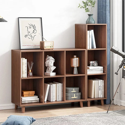 Freestanding Open Cubes Bookcase - 2-Tier Floor Standing Wooden Storage Display Cabinet Organizer with Legs for Home Office, 4-Cubes Open Shelf Low Short Bookshelf, Walnut