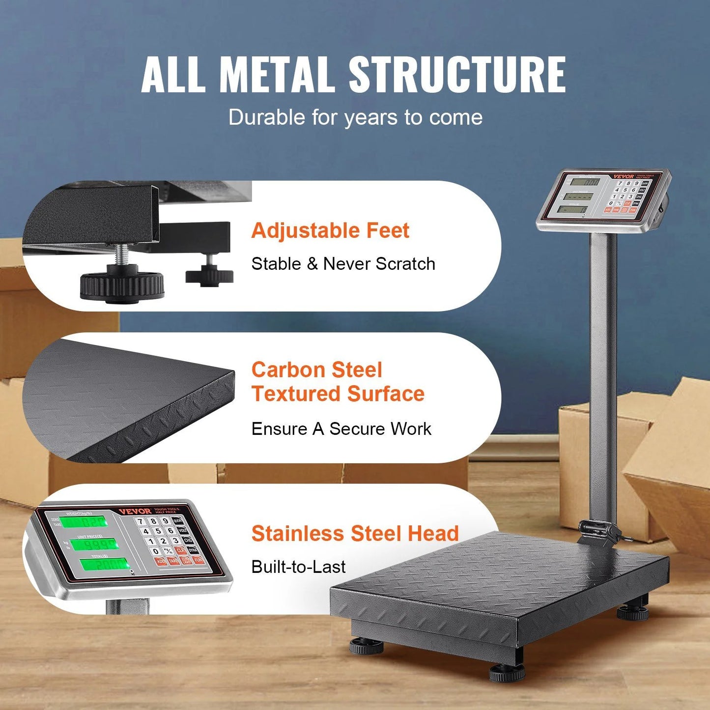Digital Platform Scale - 660 lbs Capacity, 0.1 lbs Precision, Stainless Steel Display with LB/KG, Tare & Price Calculation, Heavy-Duty Shipping Scale for Boxes, Luggage, FCC Certified