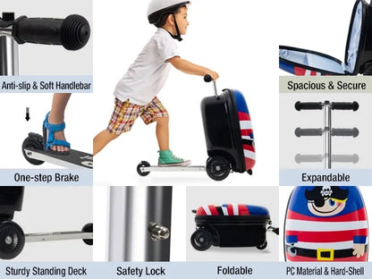 Kids Luggage Scooter, 3-Level Height Adjustable, Pirate Theme Foldable Carry-On Suitcase, Lightweight Ride-On Scooter
