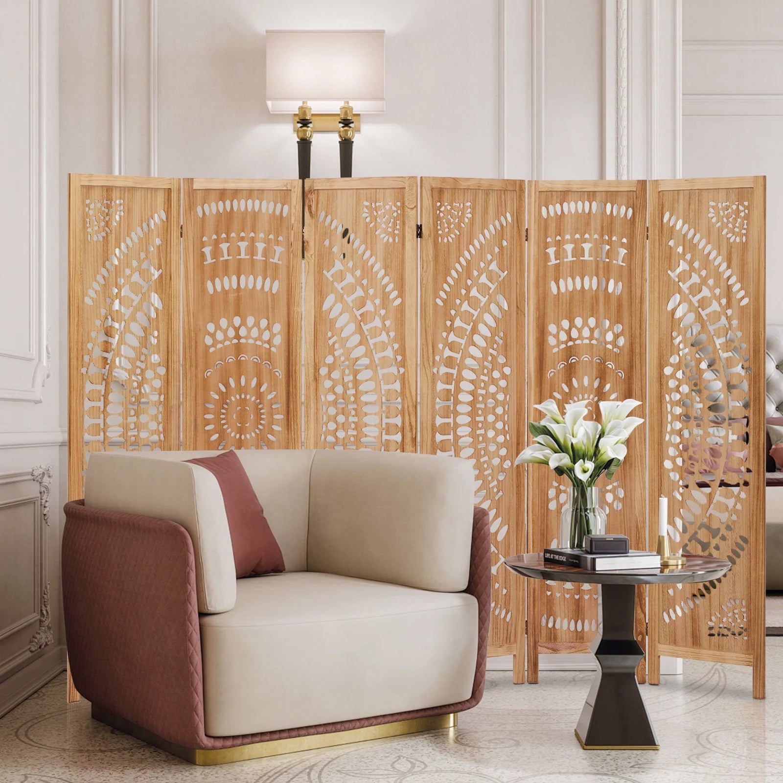 Aletheiawu 6 Panel Wood Carved Room Dividers, Folding Screens, No Installation Required, Light Brown