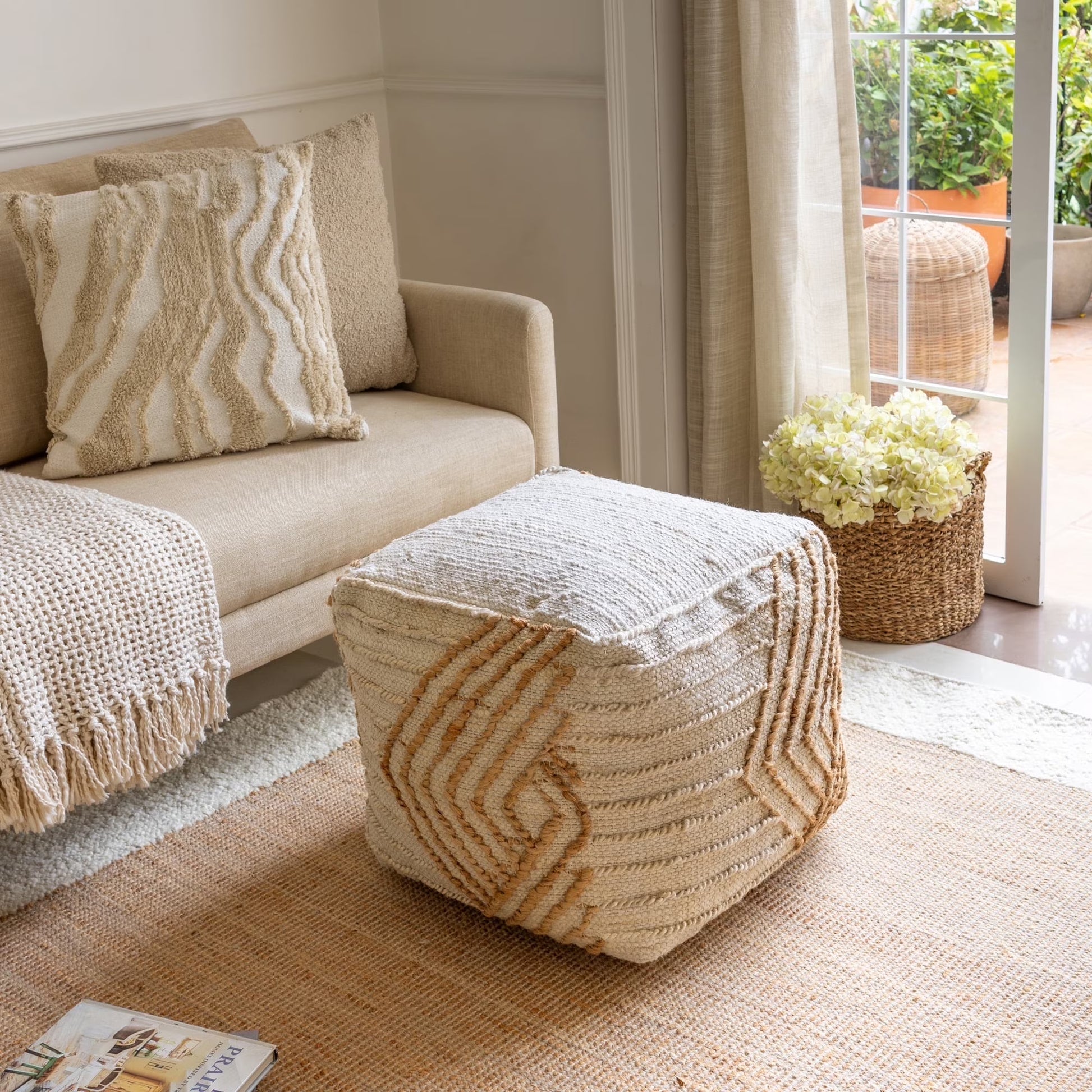 Ox Bay Shiela Square Ivory/Blue Distressed Indoor Pouf Ottoman, 18"H x 18"W