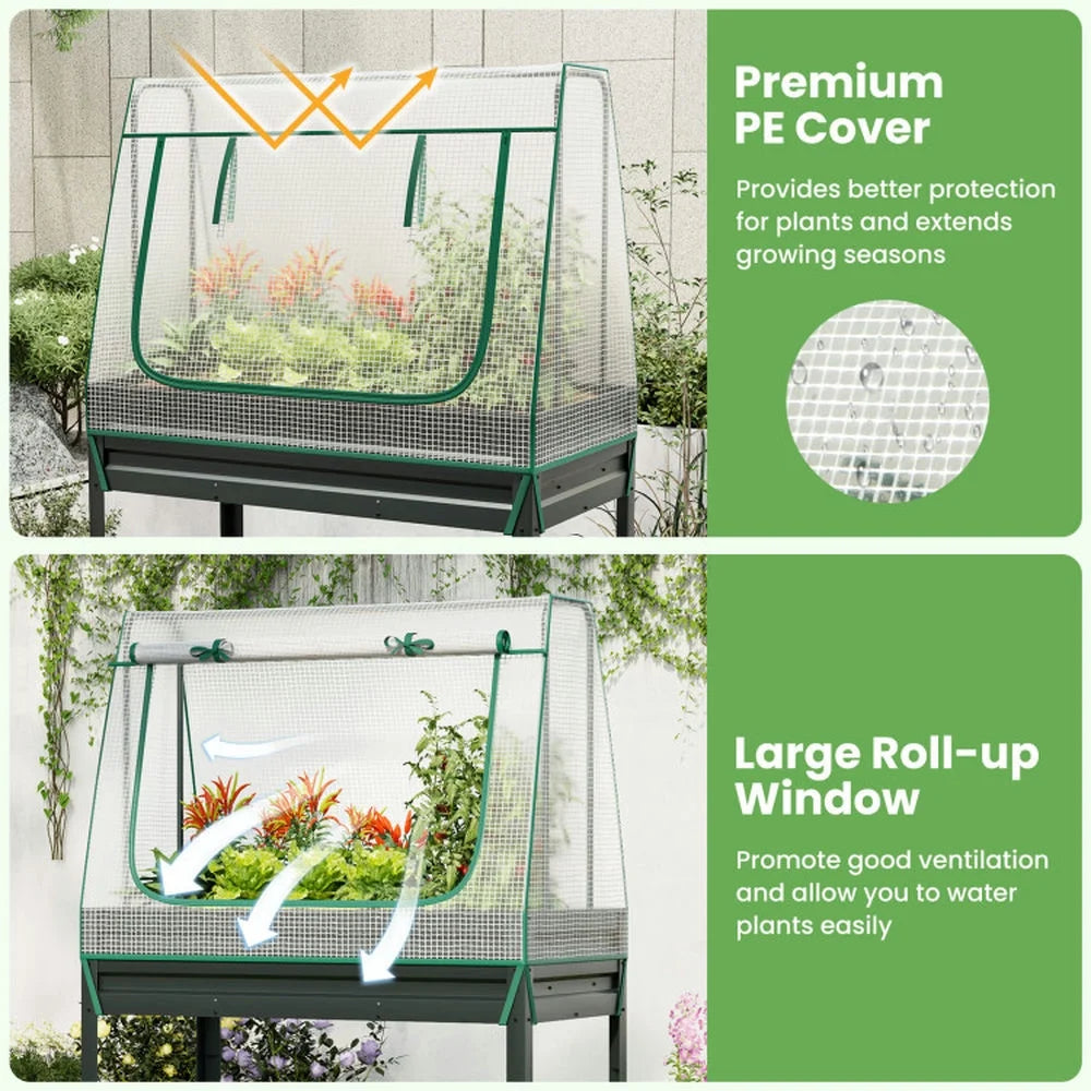 Resenkos Raised Garden Bed, Raised Planter Boxes, Elevated Flower Beds,3-in-1 Raised Garden Bed with Greenhouse Cover and Trellis-Grey