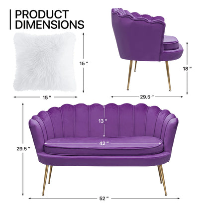MoNiBloom Contemporary Velvet Loveseat Chair with Gold-Finished Metal Legs, 2-Seater Sofa with Two Pillows for Living Room, Bedroom, Home Office, Purple