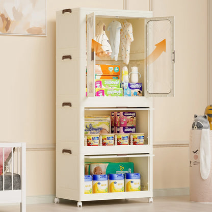 Montary Kids Portable Wardrobe w/Magnetic Doors & Hanging Rod - 4-Cube Plastic Storage Cabinet,Nursery/Bedroom