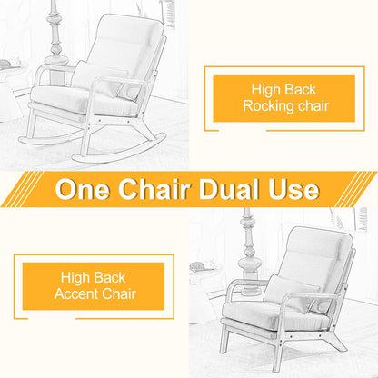 Ktaxon Mid Century Rocking Nursery Chair Solid Wood Frame Accent Chair, Line fabric Upholstered Glider Rocker Modern Padded Armchair with Lumbar Pillow Beige