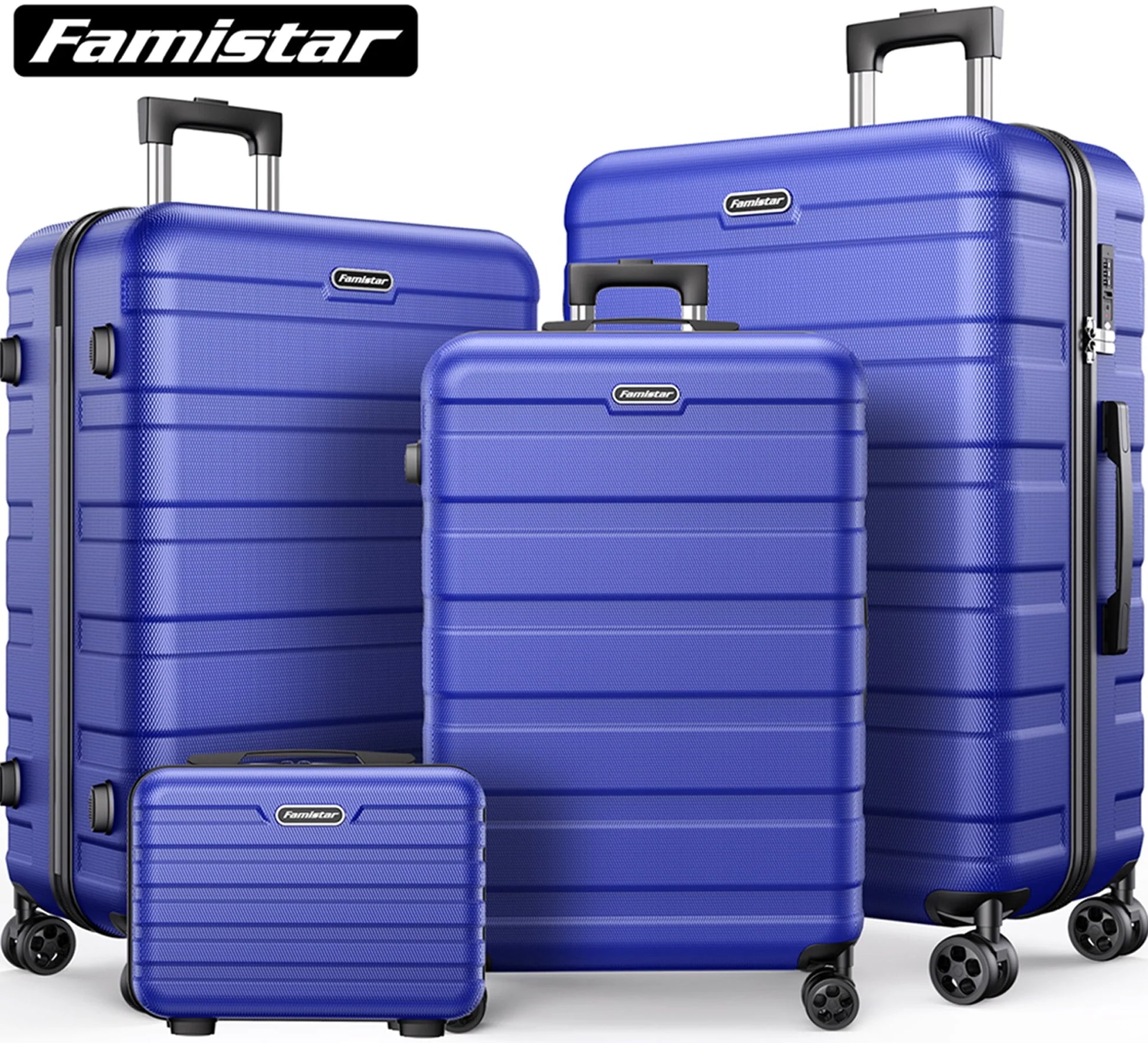 Famistar Hardside Luggage Suitcase 4 Piece Set with 360° Double Spinner Wheels Integrated TSA Lock, 14°?Travel Case, 20" Carry-On Luggage, 24" Checked Luggage and 28" Checked Luggage, Blue