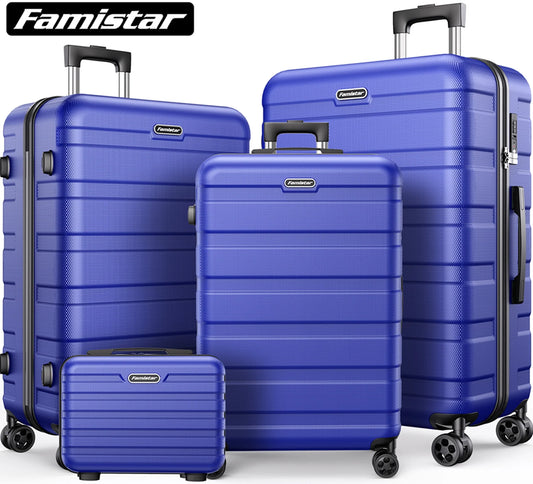 Famistar Hardside Luggage Suitcase 4 Piece Set with 360° Double Spinner Wheels Integrated TSA Lock, 14°?Travel Case, 20" Carry-On Luggage, 24" Checked Luggage and 28" Checked Luggage, Blue
