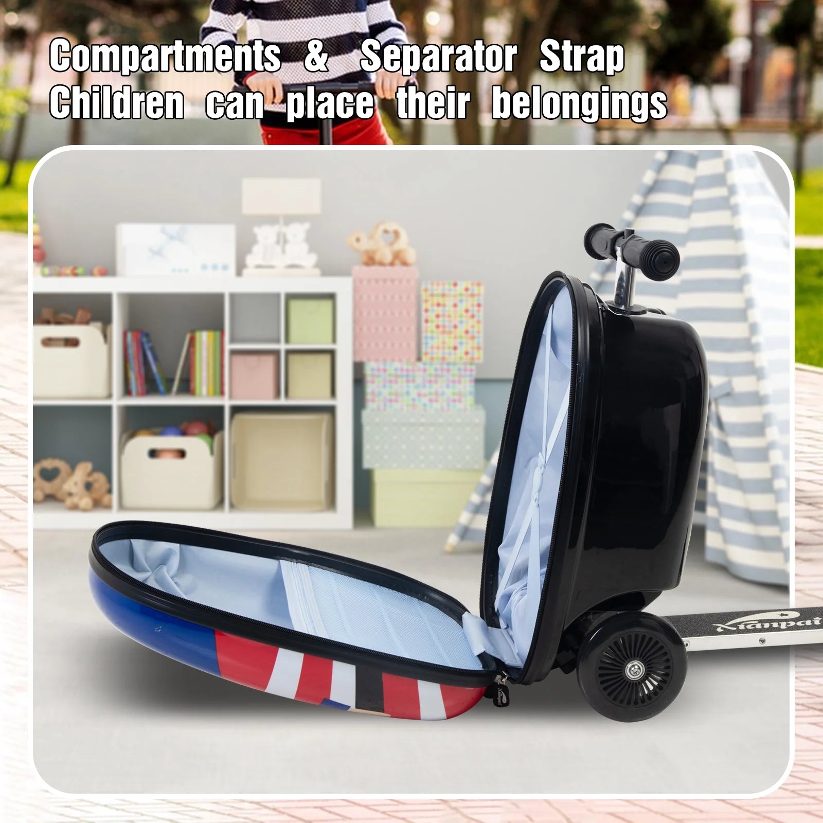 Kids Luggage Scooter, 3-Level Height Adjustable, Pirate Theme Foldable Carry-On Suitcase, Lightweight Ride-On Scooter