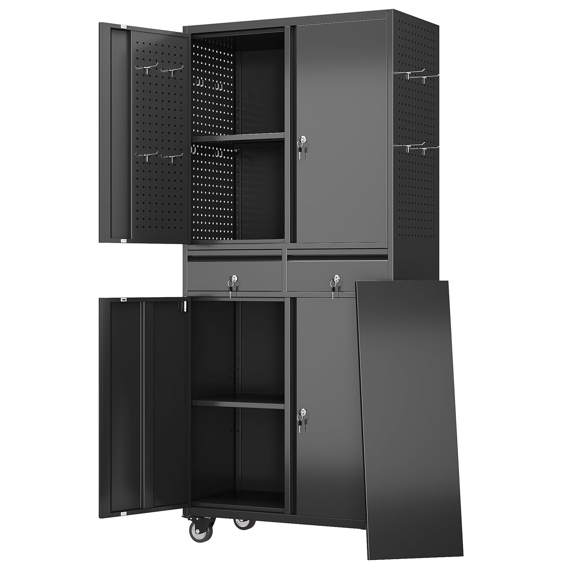 Gaeanet Rolling Tool Storage Cabinet with 5 Adjustable Shelves and Pegboard,Metal Garage Storage Cabinet with Wheels for Garage Home Office Utility Room,71" H32" W16" D,Required Assembly, Black