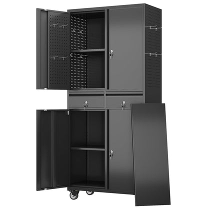 Gaeanet Rolling Tool Storage Cabinet with 5 Adjustable Shelves and Pegboard,Metal Garage Storage Cabinet with Wheels for Garage Home Office Utility Room,71" H32" W16" D,Required Assembly, Black