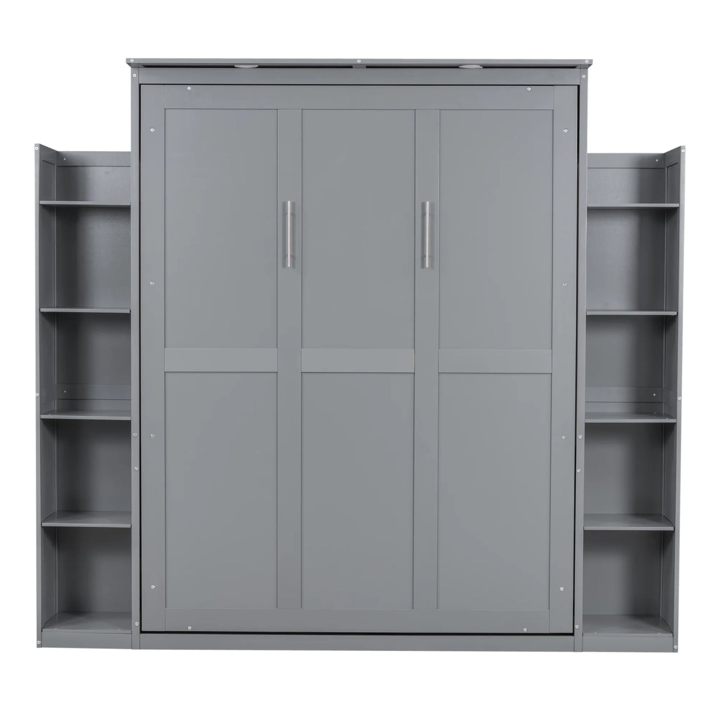 Aukfa Queen Size Murphy Bed with 5-Tier Storage Shelf & LED Lights, Foldable Wall Bed Cabinet with Mattress Support, Space-Saving Design for Guest Room/Home Office, Gray
