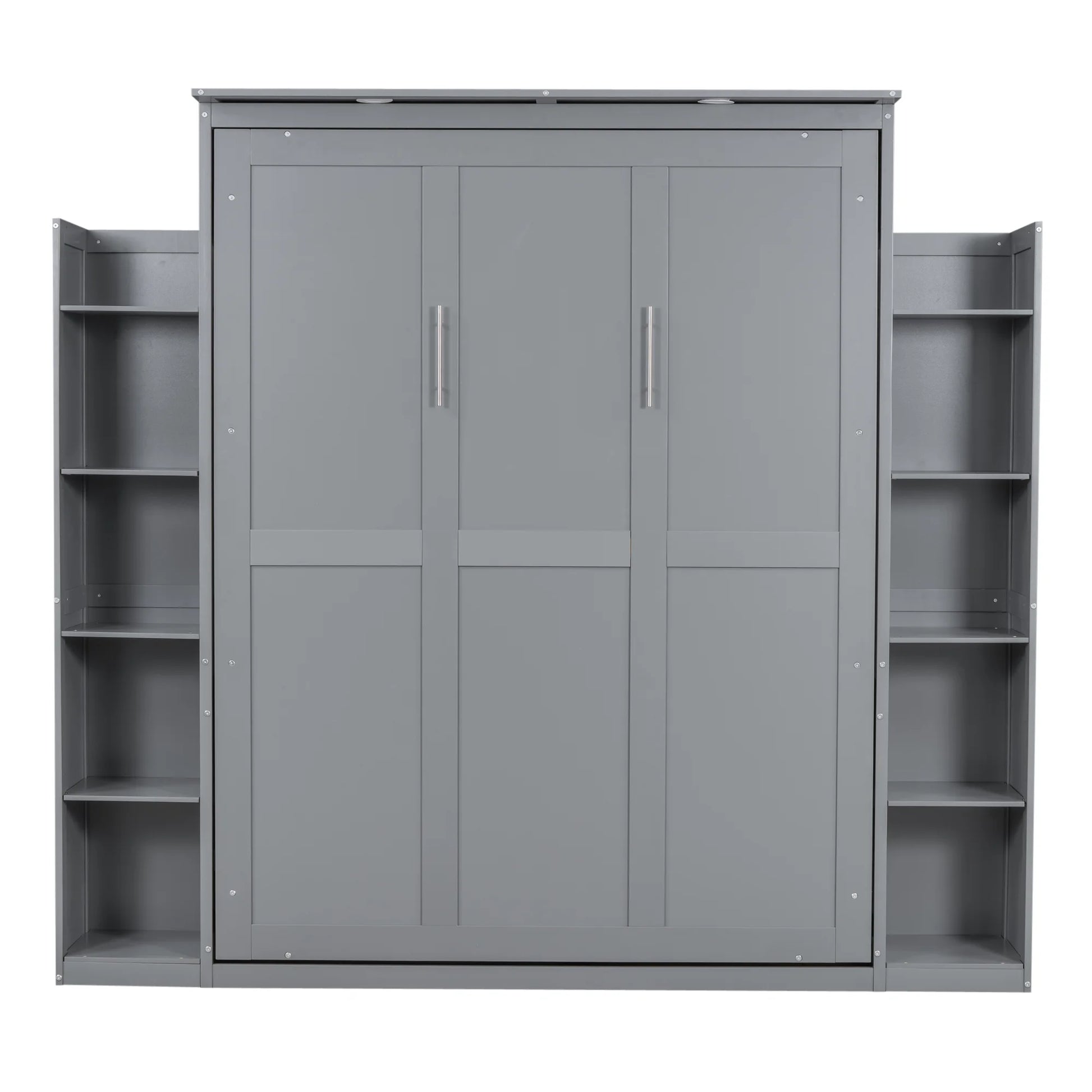 Aukfa Queen Size Murphy Bed with 5-Tier Storage Shelf & LED Lights, Foldable Wall Bed Cabinet with Mattress Support, Space-Saving Design for Guest Room/Home Office, Gray