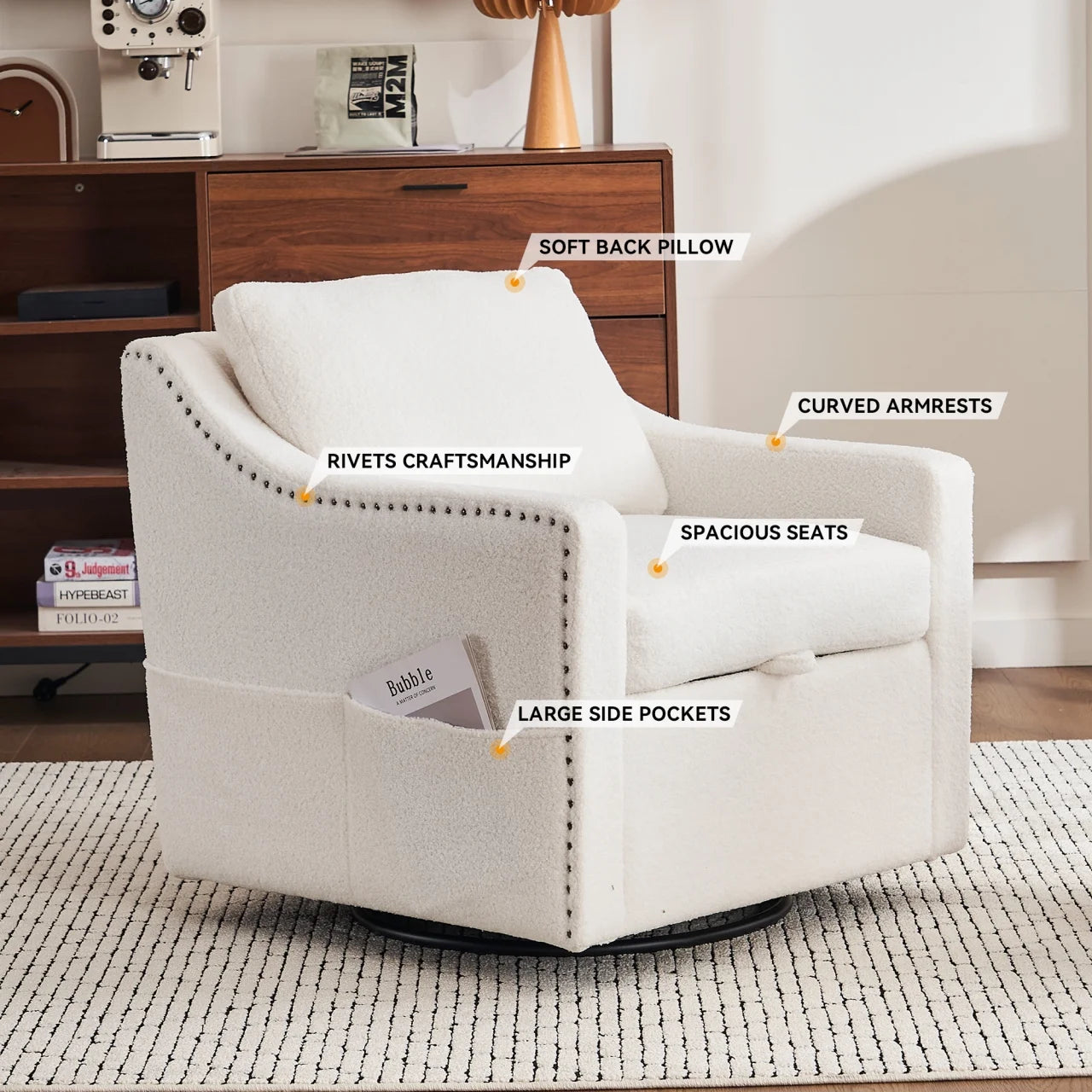 Swivel Barrel Chair, Swivel Accent Chair for Living Room with Storage Seat and Pillow, 360 Degree Swivel Barrel Club Chair, Round Armchairs Nursery, Hotel, Bedroom, Office, Lounge, Ivory White