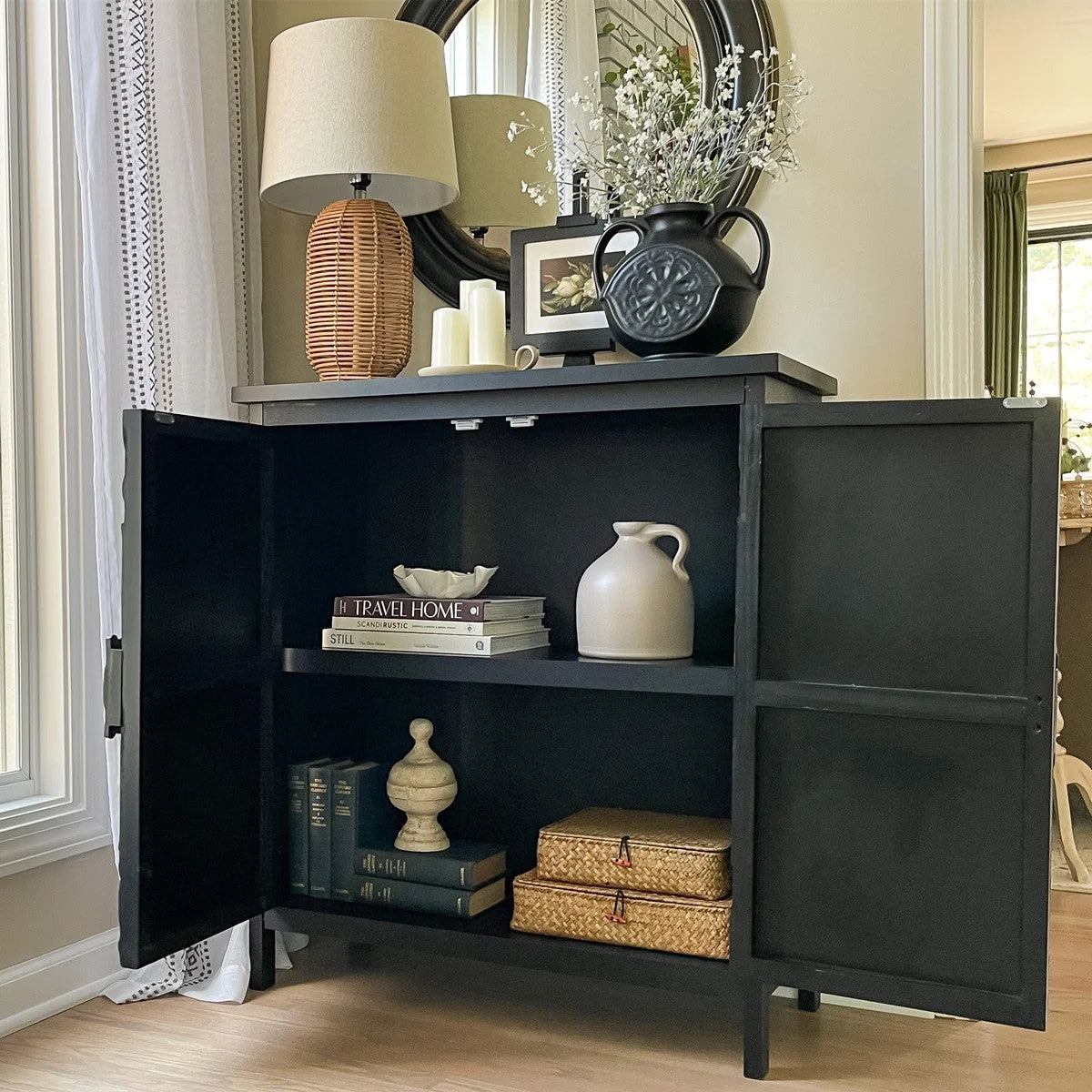 Alpha Joy Storage Cabinet with 2 Doors, Wood Accent Cabinet with Flower Pattern For Living Room, Dining Room, Black