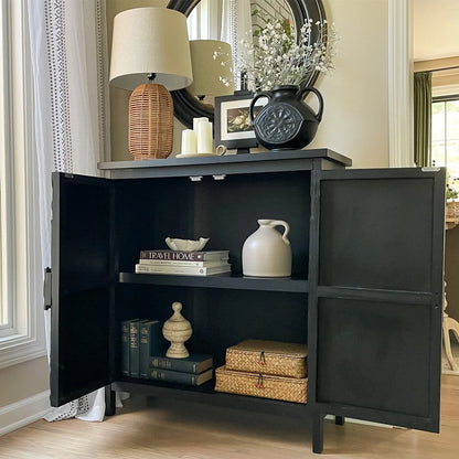 Alpha Joy Storage Cabinet with 2 Doors, Wood Accent Cabinet with Flower Pattern For Living Room, Dining Room, Black