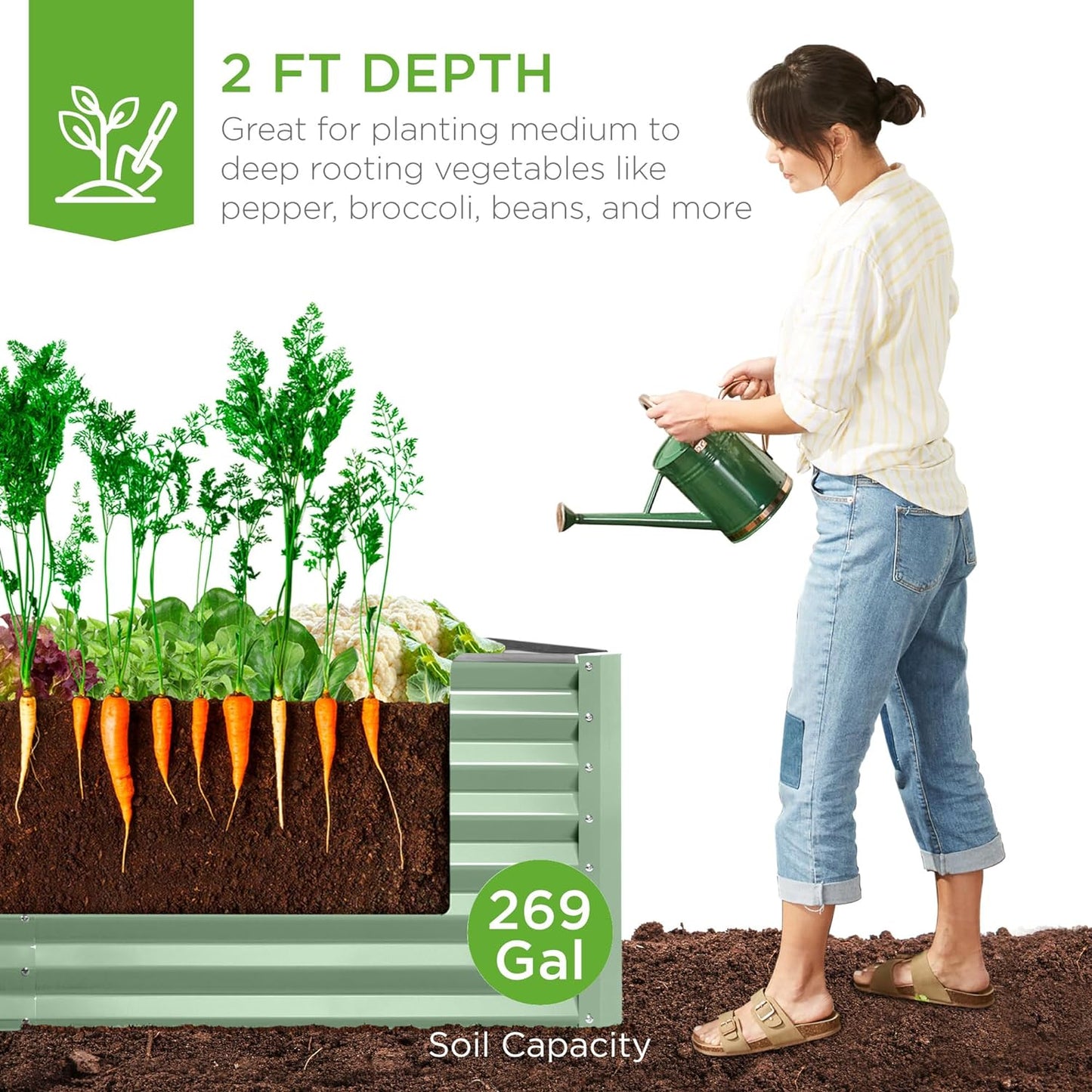 Gloaa 6x3x2ft Outdoor Metal Raised Garden Bed, Deep Root Box Planter for Vegetables, Flowers, Herbs, and Succulents w/269 Gallon CapacitySage Green