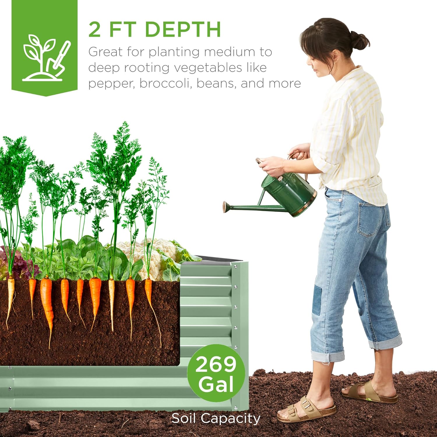 Gloaa 6x3x2ft Outdoor Metal Raised Garden Bed, Deep Root Box Planter for Vegetables, Flowers, Herbs, and Succulents w/269 Gallon CapacitySage Green