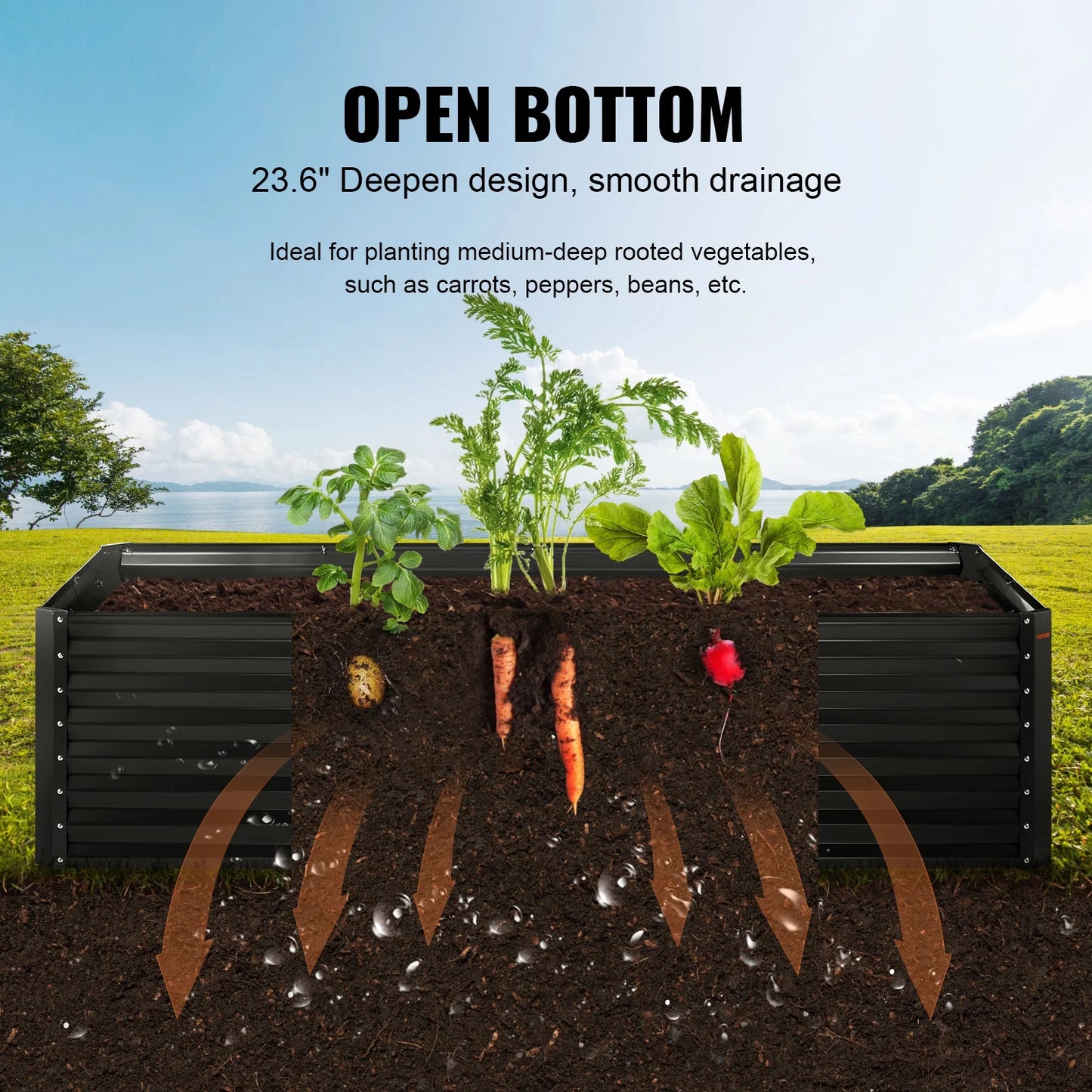 BENTISM Galvanized Raised Garden Bed, 8x4x2 FT Large Metal Raised Planter Box Garden Beds Outdoor for Vegetables Flowers and Herbs with Open Bottom and Planting Tools, Dark Grey