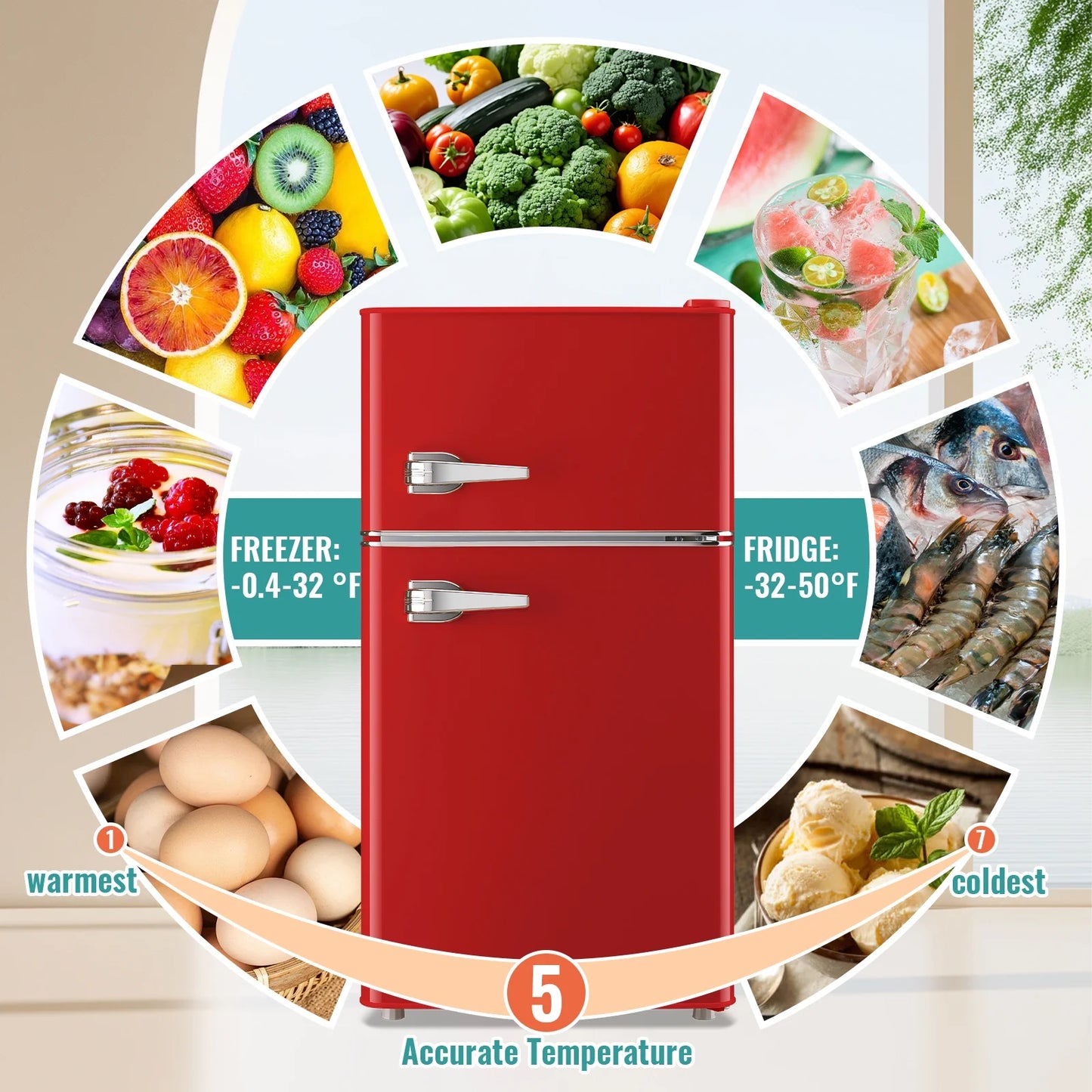 TACOOL Refrigerator with Top Freezer 3.5Cu.ft Two Door Small Mini Fridge with Extra Drink Space for Home Office Dorm Red