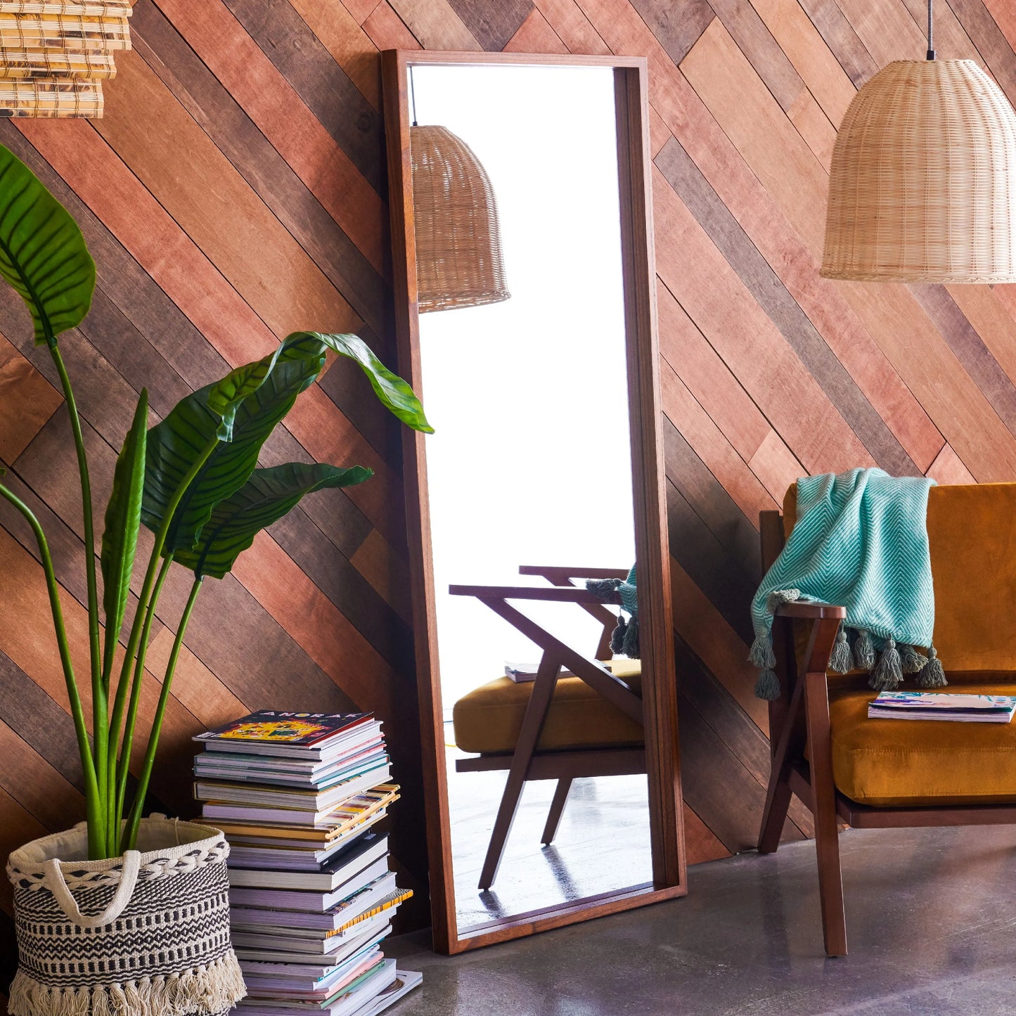 24" x 65" Brown Rectangle Wood Leaner Mirror by Drew Barrymore Flower Home