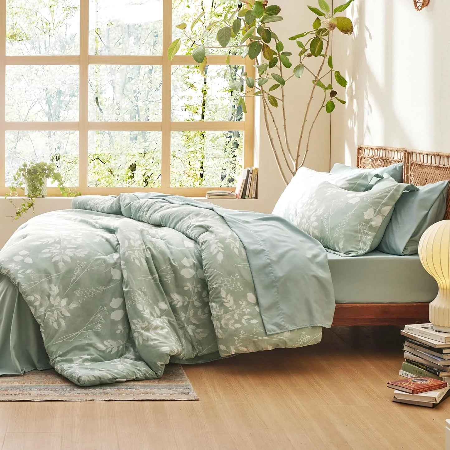 King Comforter Set - 7 Pieces Sage Green Floral Bedding Sets King Bed in a Bag with Botanical Flowers Comforter, Sheets, Pillowcases & Shams